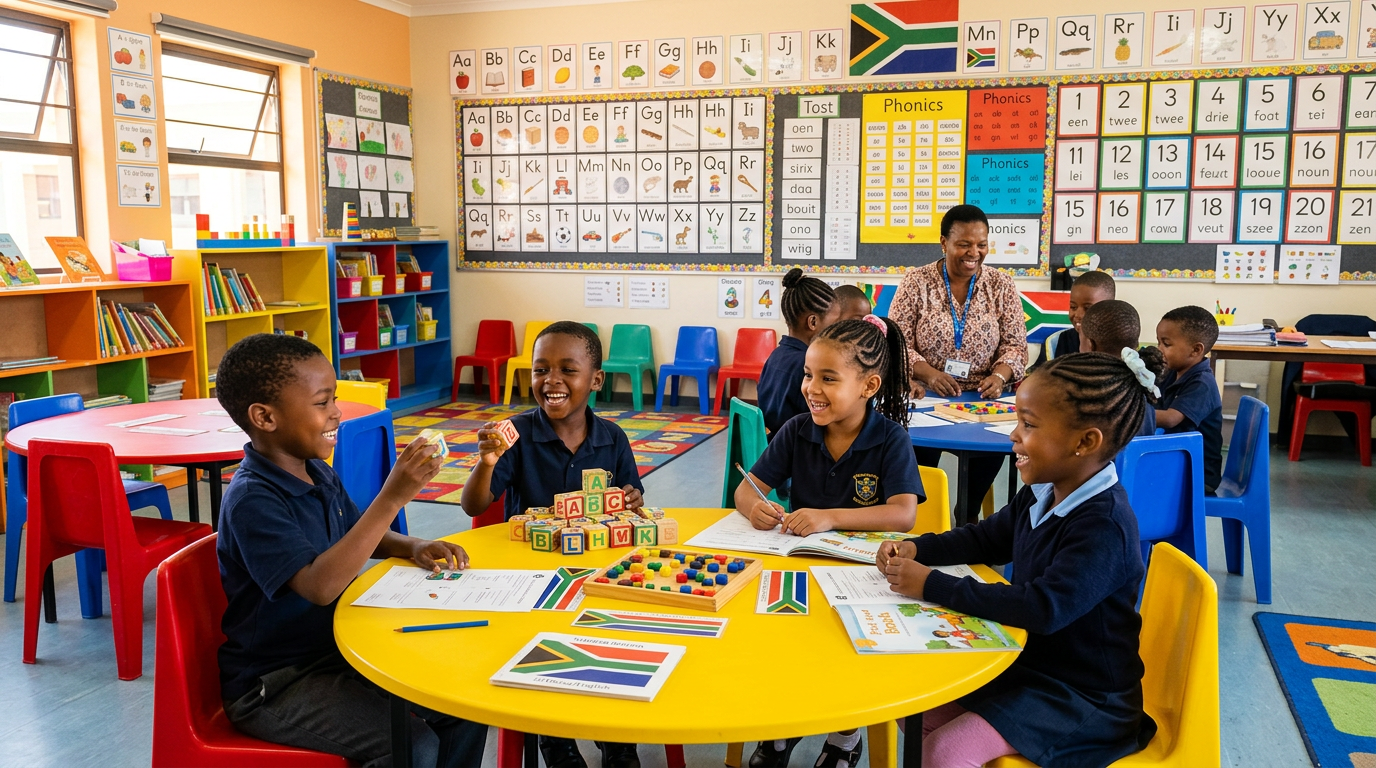 Happy Grade 1 kids learning in a colourful classroom