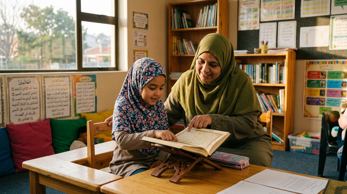Children learning Islamic education in a warm classroom setting