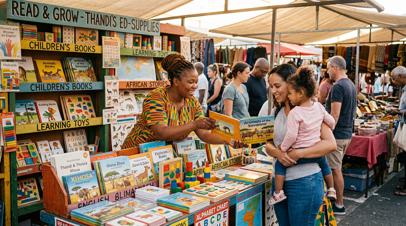 A seller offering educational books at the marketplace