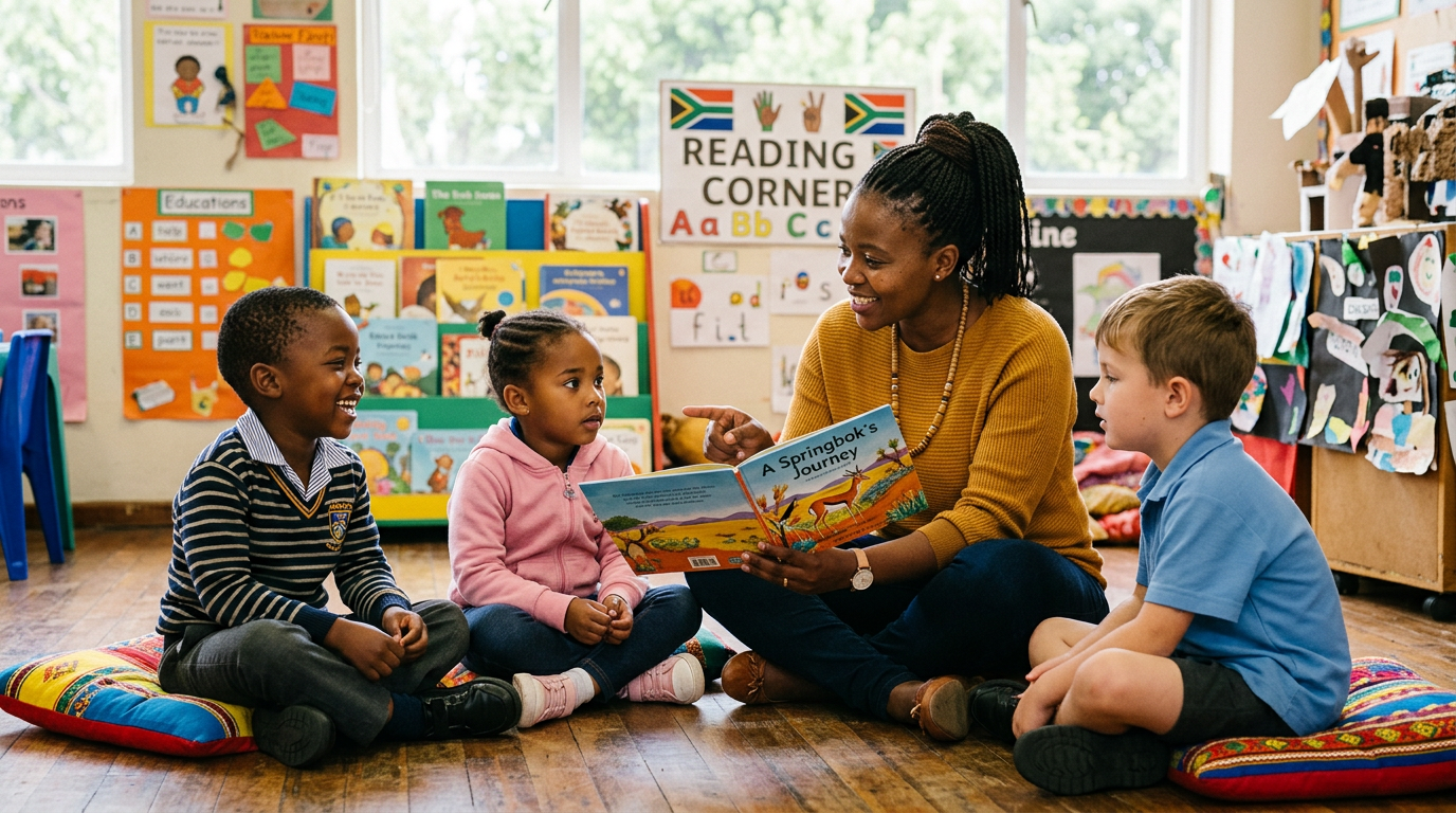 A friendly teacher guiding young learners